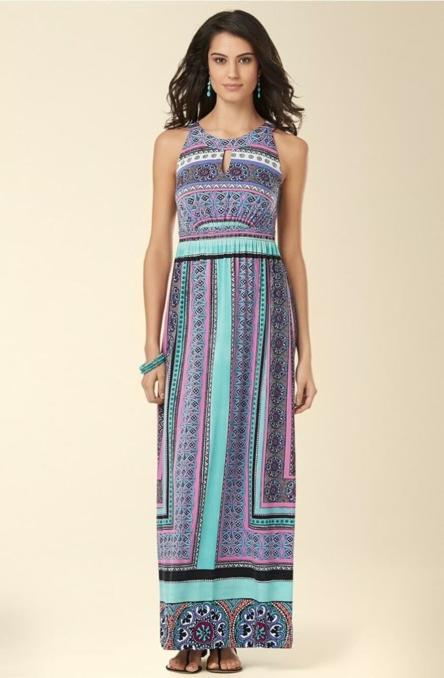 Soma Womens size Medium Bohemian Soft Aztec Geometric Maxi Dress Purple Stretch